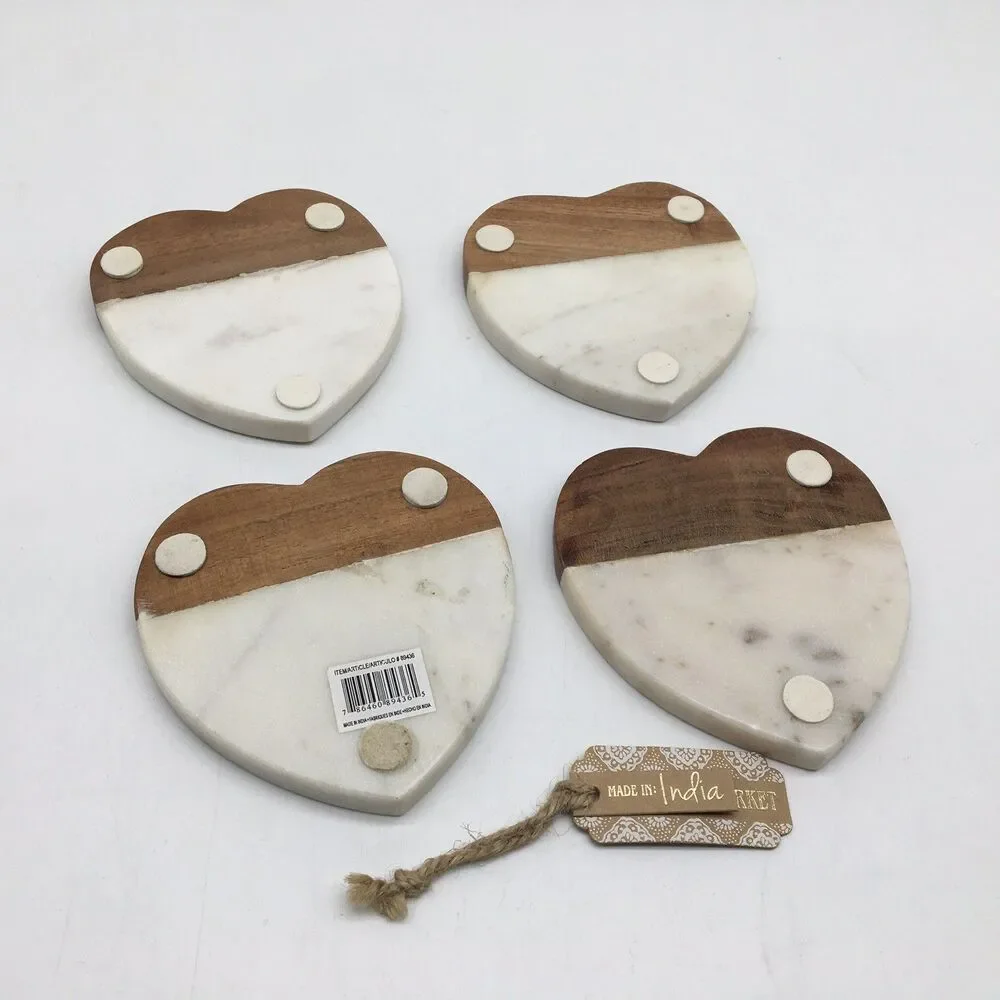 Heart Shape Wood And White Marble Coaster Set Of 4 New Made In India